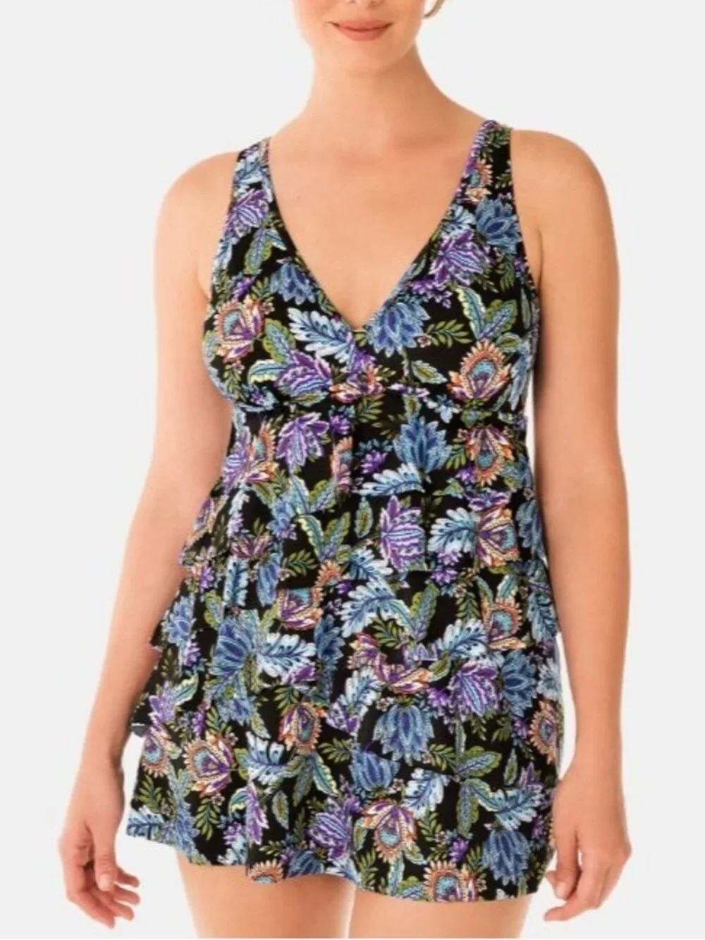 Swim Solutions Swimsuit Paisley Swim Dress Size 14 Slimming Black One Piece NWT - Picture 2 of 16